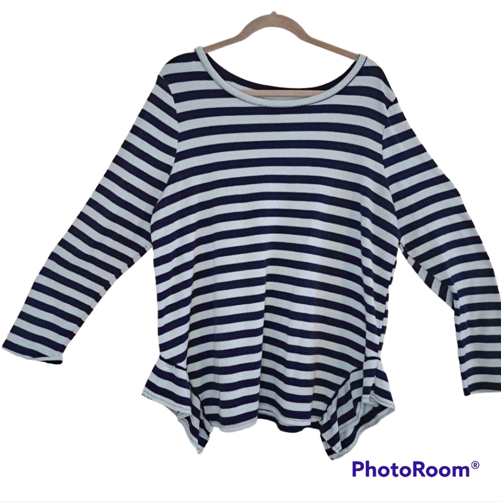 Lane Bryant Blue Striped Long Sleeve Asymmetrical Sharkbite Hem Size 14/16